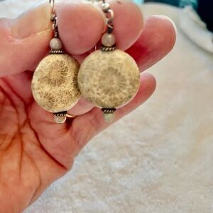 Fossil Coral Quartz Stone Fish Hook Earrings